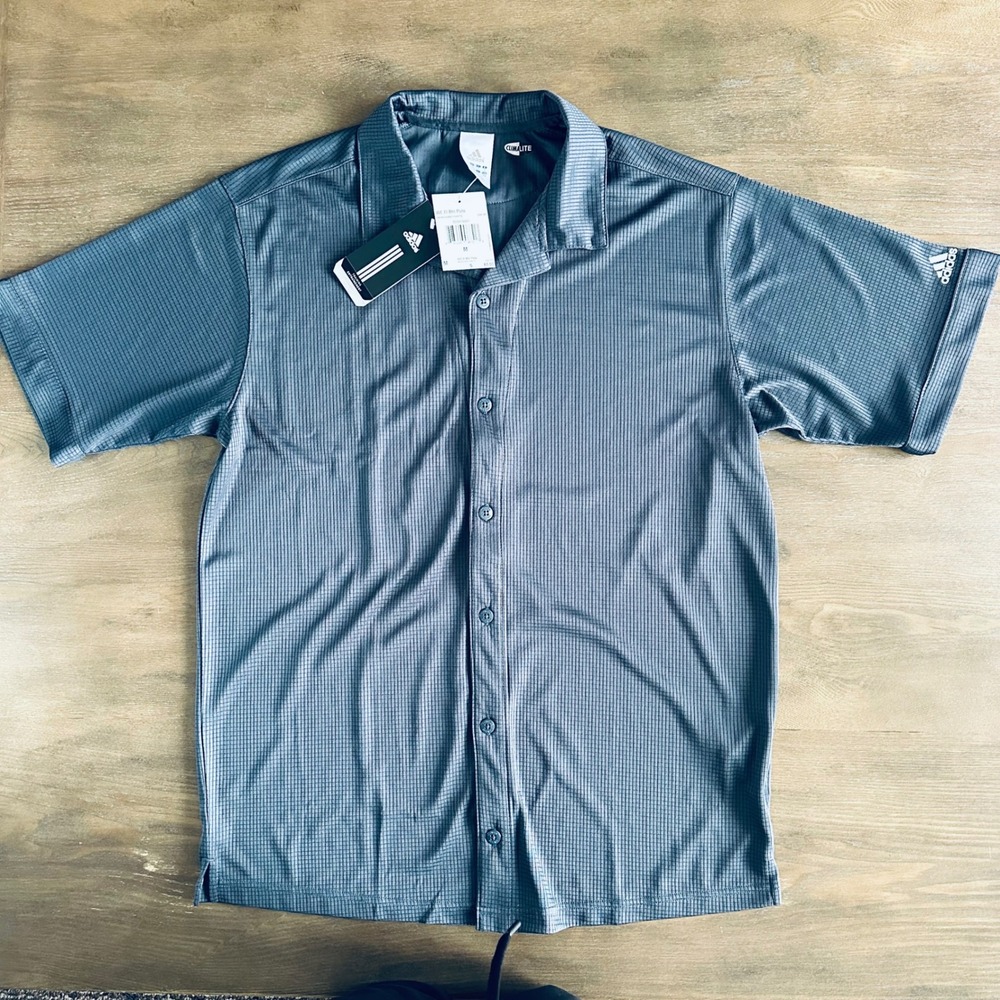 Adidas Climalite Mens WE FI Btn Polo Shirt Grey Textured Button Up 234165 Size M